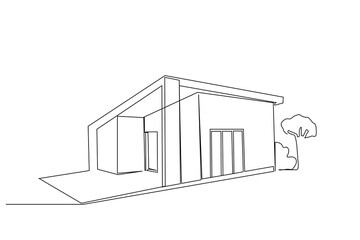 modern house with garden architecture building model one line art design vector