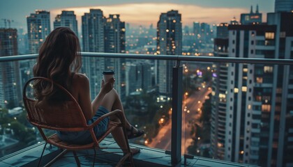 A woman sits in a lounge chair on the balcony of her apartment, enjoying the view of the busy city with a cup of coffee