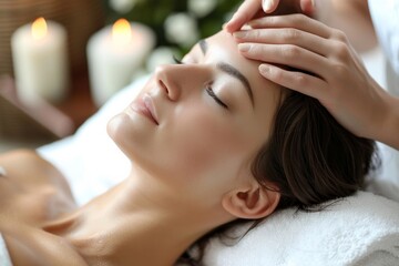 Fototapeta premium A young woman enjoying a professional spa facial massage, perfect for wellness, beauty treatments, and relaxation-themed advertising.