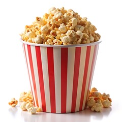 Popcorn in a red and white striped bucket.