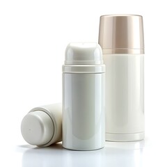 White and gold cosmetic bottles on a white background.