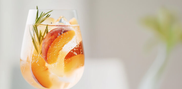 A close-up of a refreshing peach spritzer in a glass, garnished with fresh rosemary and ice cubes, set against a blurred light background, evoking a sense of summer and freshness