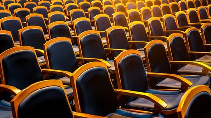 Rows of empty seats in an auditorium, illuminated by warm lighting, indicating a prepared setup for a presentation, lecture, or event.