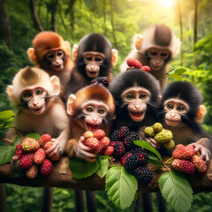 Mulberry Snack Time for Monkey Family,Monkey Clan Feasting on Mulberries.
