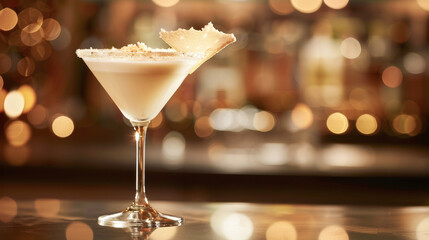 A gourmet parmesan martini garnished with cheese, set against a bokeh background, capturing an elegant and festive mood