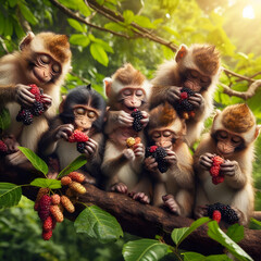 Six monkeys sitting in line together eating fame.