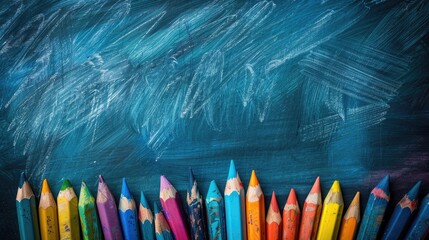 Colorful Pencils in a Line Against a Chalkboard Background