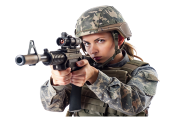 A lady soldier is ready to shoot isolated on transparent background