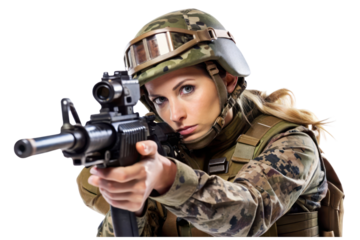 A lady soldier is ready to shoot isolated on transparent background