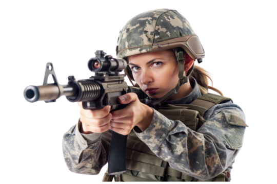 A lady soldier is ready to shoot isolated on transparent background