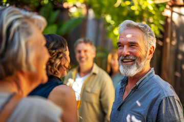 Group of people in their 40s socializing outdoors, with a bearded man smiling brightly in the foreground. - Powered by Adobe