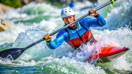 Fototapeta premium Male kayaker tackles whitewater rapids, demonstrating strength and determination in extreme outdoor adventure.