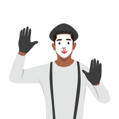 Mime cartoon character performing pantomime called Behind the wall. Flat vector illustration isolated on white background