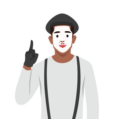 Young mime shows a full length pantomime pointing his finger up. Flat vector illustration isolated on white background