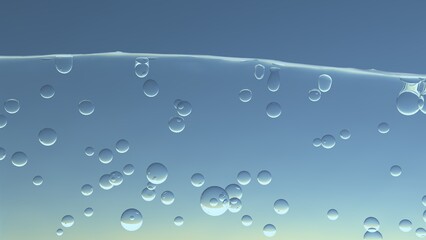 水面と気泡、炭酸水や清潔感や洗濯をイメージする水中の泡