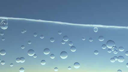 水面と気泡、炭酸水や清潔感や洗濯をイメージする水中の泡