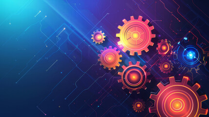 Obraz premium Abstract techno gear background with geometric colorful gear wheels. Space for gear text. Vector gears modern mechanism industrial . Technology gears