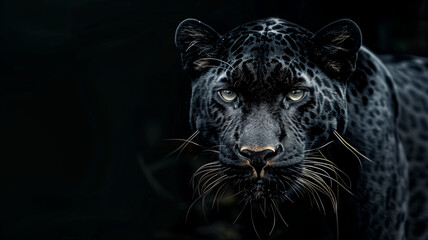 Obraz premium Front view of Panther on black background. Wild animals banner w