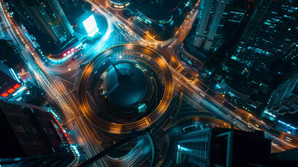 Obraz premium top view , night , roundabout interchange of a city, Expressway is an important infrastructure