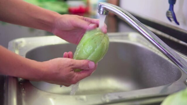 Woman hands washing fresh green chayote in a kitchen