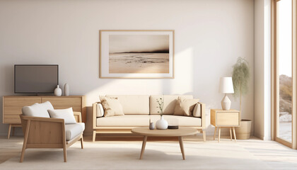 Bright airy living room with large windows comfortable sofa stylish furniture and minimalist decor