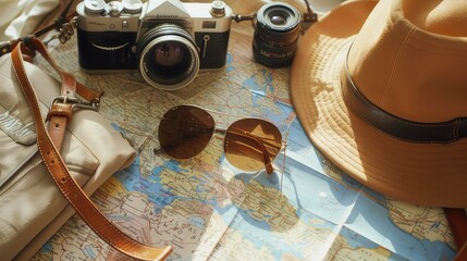 Road trip essentials laid out on a map, sunglasses, hat, and camera, summer exploration, Boho style, Illustration