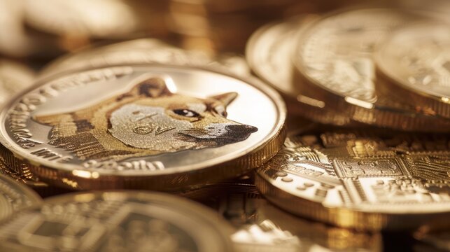 macro shot, Photo Gold coin dog face and bitcoin