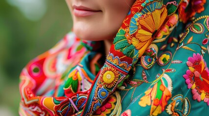 Fototapeta premium Close-up of a woman in a traditional Russian sarafan, detailed embroidery, pop art style, vibrant colors, space for text on the left,