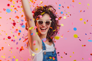 Happy birthday girl with confetti on pink background, celebrating her special day