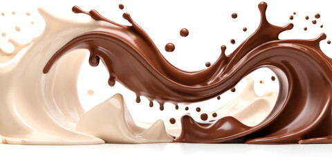 liquid chocolate with milk swirling waves splashes on a white background