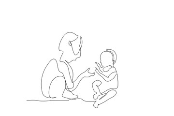 little sister and baby brother playing together at home one line art design vector