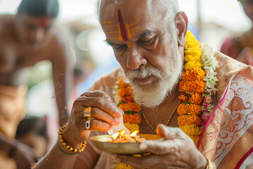 Hindu priest performing ritual during traditional marriage ceremony