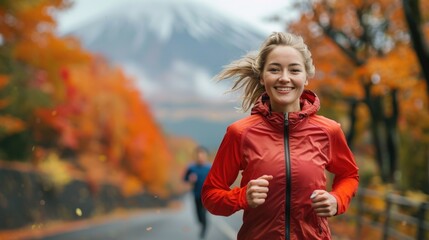 Fototapeta premium Healthy smiling Asian woman jogging for exercise on track in park together with friends at background in autumn. 
