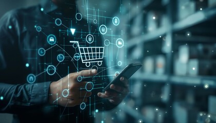 Fototapeta premium Digital marketing concept showing a man holding a smartphone, with a shopping cart icon floating on the digital background