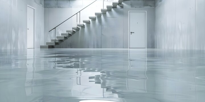 Close-up of enhanced basement floor waterproofing with staircase in the background. Concept Basement Waterproofing, Enhanced Flooring, Close-Up Details, Staircase Background