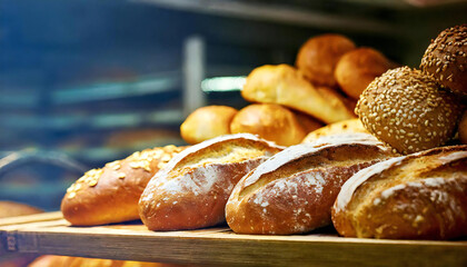 焼きたてパン。ベーカリーに並ぶパン。Freshly baked bread. Bread lined up in a bakery.