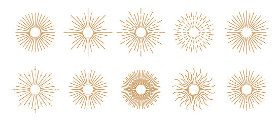 Boho sun logo. Bohemian symbol bursting sun rays. Magic talisman, antique style, boho, tattoo. Geometric abstract design elements for decoration