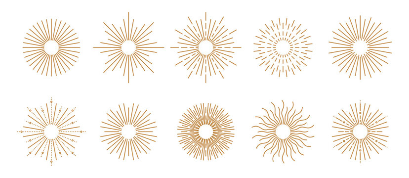 Boho sun logo. Bohemian symbol bursting sun rays. Magic talisman, antique style, boho, tattoo. Geometric abstract design elements for decoration