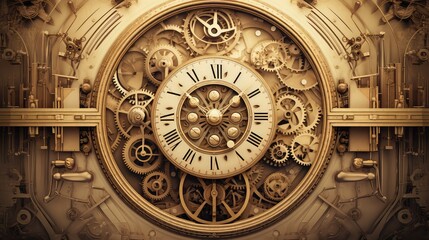 A steampunk-inspired mechanical clock with intricate gears, Steampunk, Sepia tones, Illustration, detailed, vintage feel