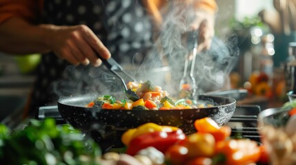 someone cooking a meal with a skillet and a lot of vegetables