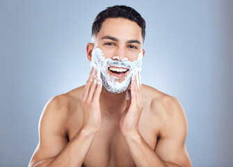 Man, smile portrait and shaving foam for hair removal with skincare hygiene and face transformation...