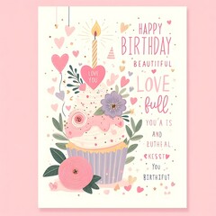 A birthday card with a cupcake and flowers eyecatching highquality vector engaging realistic.