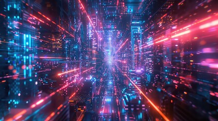 Obraz premium Futuristic cityscape merging with digital holograms, neon colors, space for text, Cyberpunk, 3D