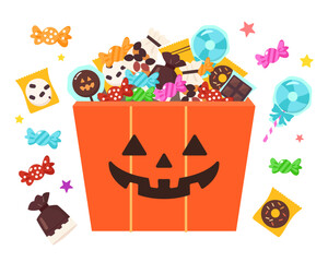 ハロウィンのお菓子がたくさん入ったカボチャの箱のかわいいイラスト