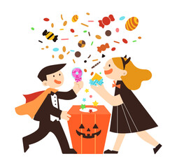 ハロウィンでお菓子掴み取りをしている子どもたちのかわいいイラスト