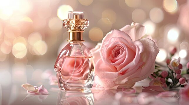 A Bottle of Perfume. Women's Eau De Parfum in Beautiful Pink Rose and Gold Bottle Isolated on White. Floral Fruity Fragrance for Women. Perfume Spray. Modern Luxury Lady Parfum De Toilette
