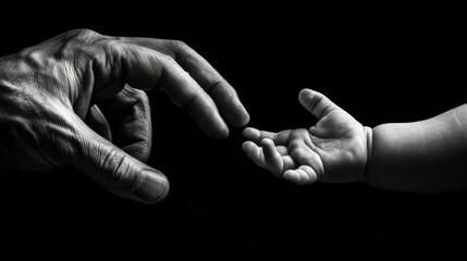 Tender Moment: Hand Reaching for Baby's Hand in Black and White