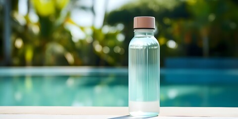 Refreshing Hydration Water Bottle Against Pool Background, Emphasizing Plastic Material and Hydration Theme. Concept Hydration Water Bottle, Poolside Promotion, Plastic Material, Refreshing Design