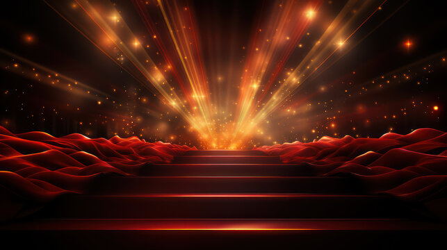Carpet hollywood Stage Steps Spot Light Golden Royal Awards Graphics Background Elegant Shine Modern Luxury Premium. Abstract Design for invitation, greeting, banners, brochures, ads