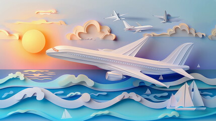 A serene paper art illustration of an airplane cruising above a tranquil sea, with the plane's reflection visible in the water below. The airplane is meticulously detailed with cut-outs of its